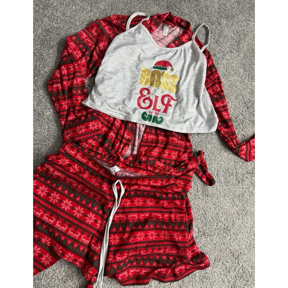 Christmas Pajama Set 3 Piece Bundle Robe Shorts Tank Top Boss Elf Red Gray Small